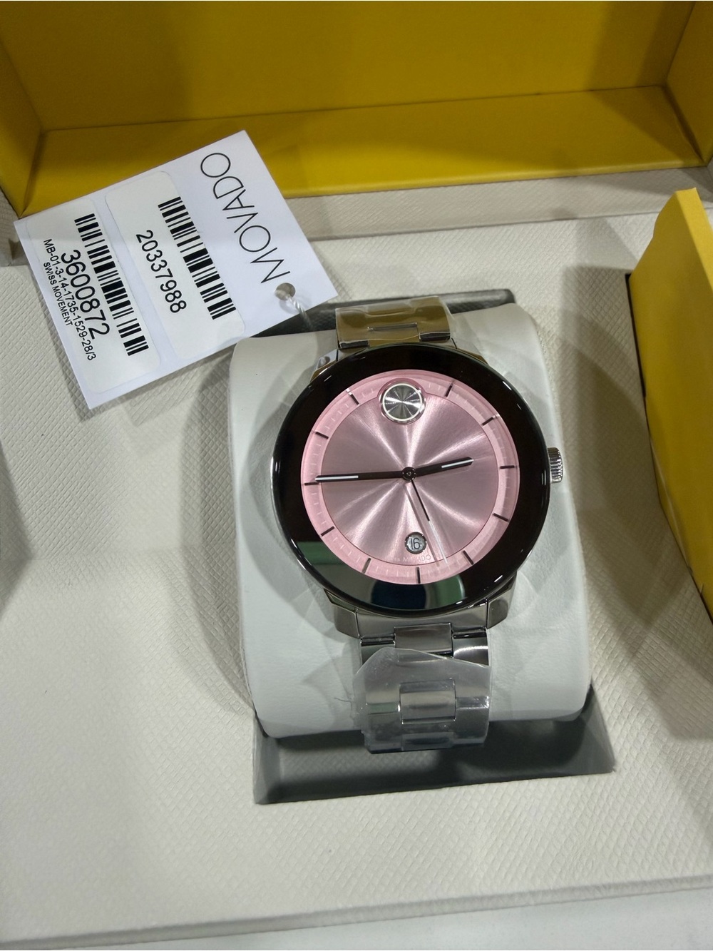 Movado Stainless Steel Watch with Pink Dial and Black Bezel